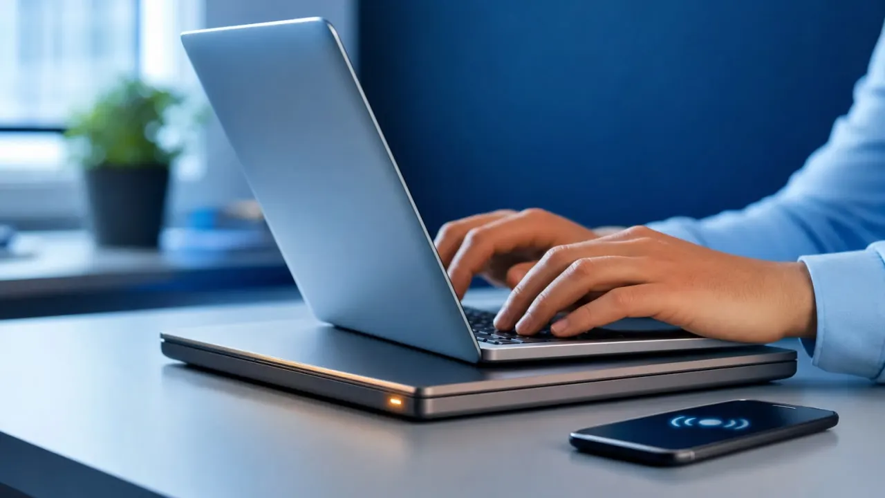 Hände auf einem Firmenlaptop, daneben ein Smartphone als mobiler Hotspot