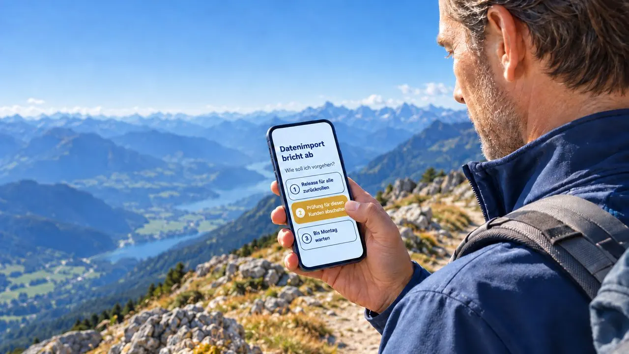 Ein Wanderer auf einem sonnigen Berggrat entscheidet auf dem Handy, wie ein KI-Agent einen abgebrochenen Datenimport lösen soll. Zur Wahl stehen drei Varianten, er tippt auf die goldene Variante 2, die Prüfung für diesen Kunden abzuschalten.
