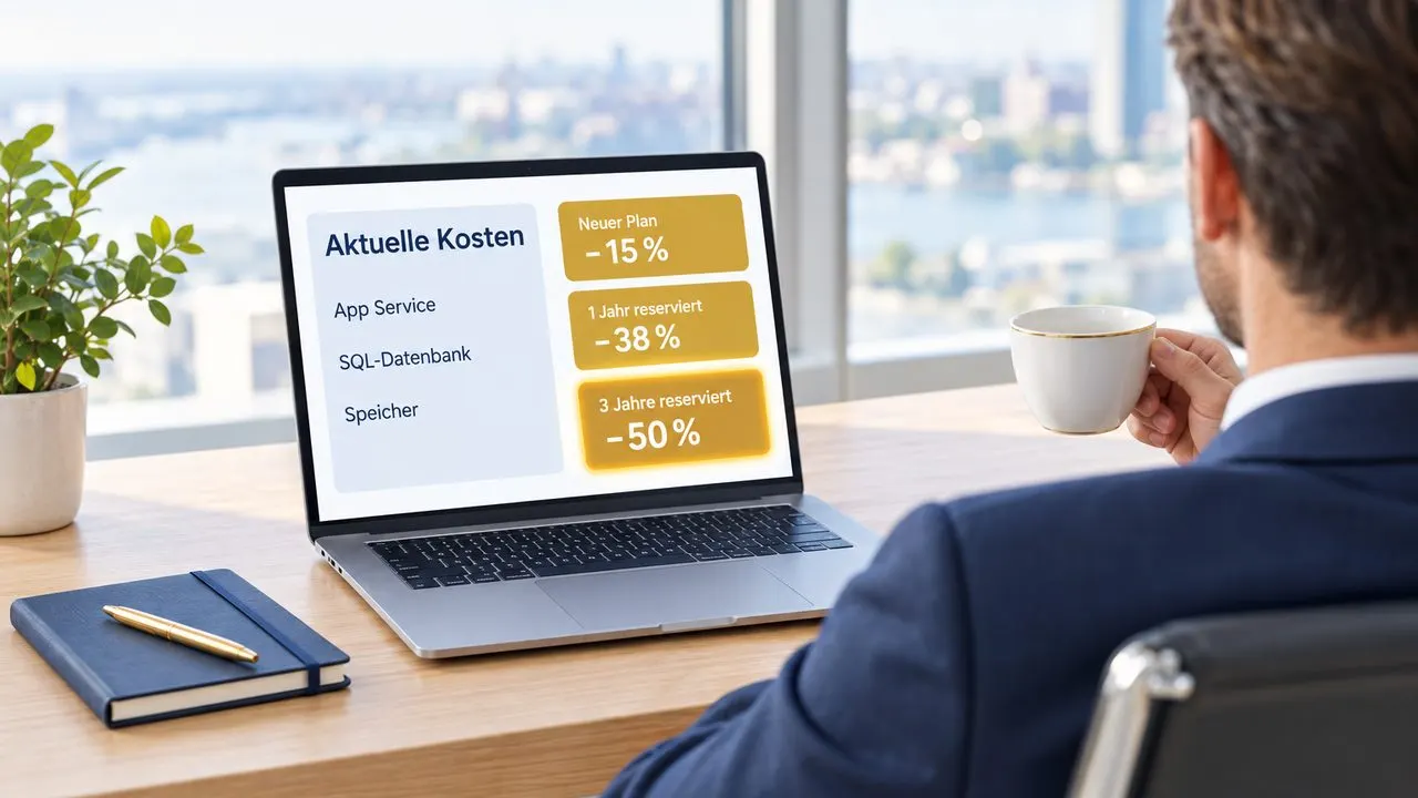 Führungskraft lehnt sich mit Kaffee zurück, auf dem Laptop zeigt eine Kostenanalyse die Einsparungen −15 %, −38 % und −50 %