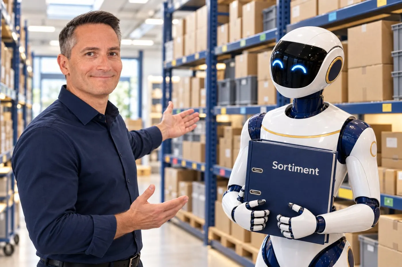 Berater mit einem Roboter, der den Sortiment-Ordner hält