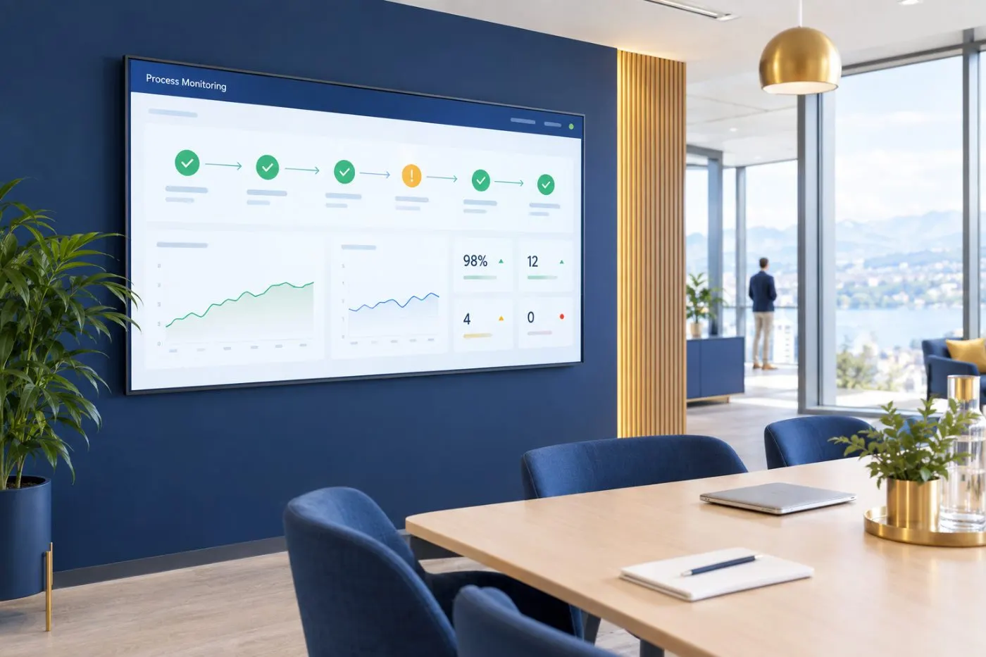 Besprechungsraum mit Process-Monitoring-Dashboard