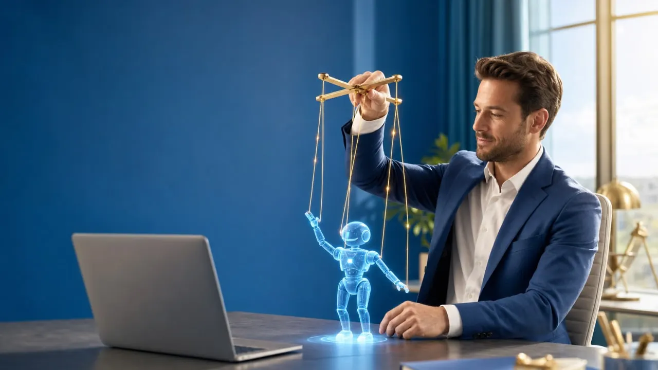 Mann steuert eine holografische KI-Figur wie eine Marionette