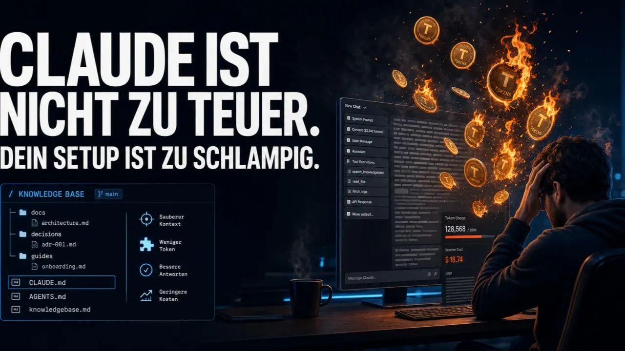 Entwickler vor brennenden Tokens, Schriftzug: Claude ist nicht zu teuer, dein Setup ist zu schlampig