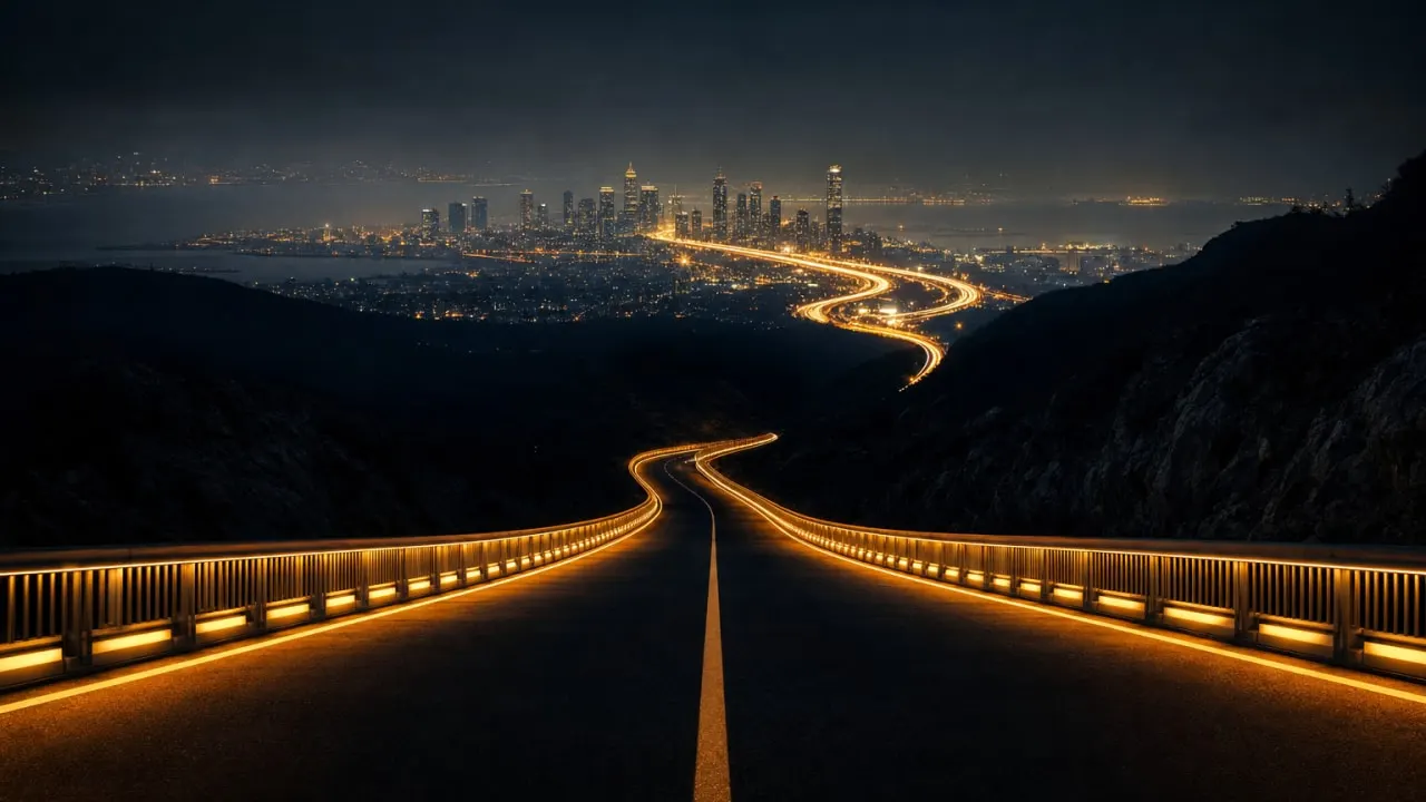 Beleuchtete Strasse, die zu einer Stadt in der Ferne führt