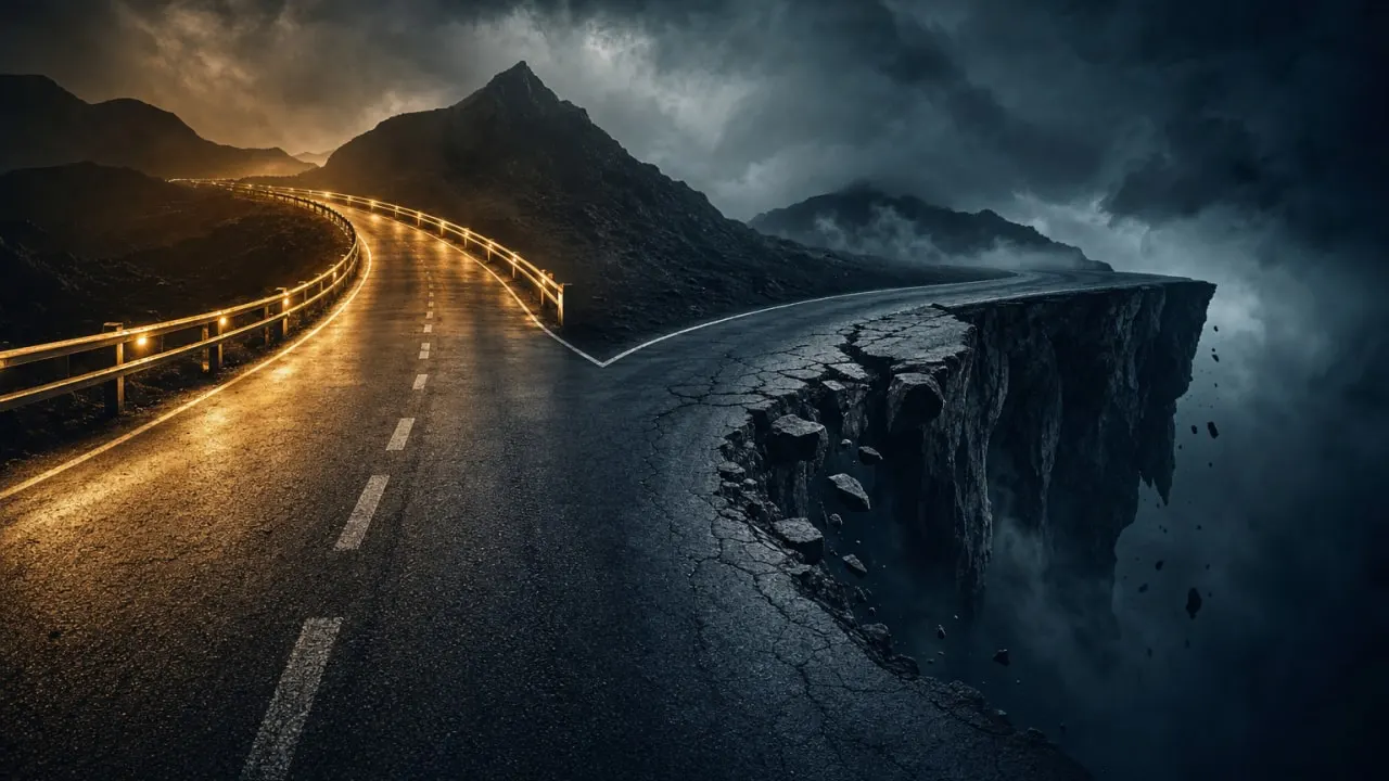 Beleuchtete Strasse, die an einem Abgrund endet