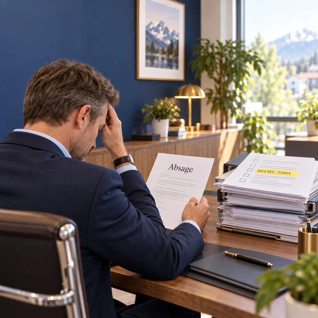 Geschäftsführer liest eine Absage, daneben ISO-27001-Unterlagen