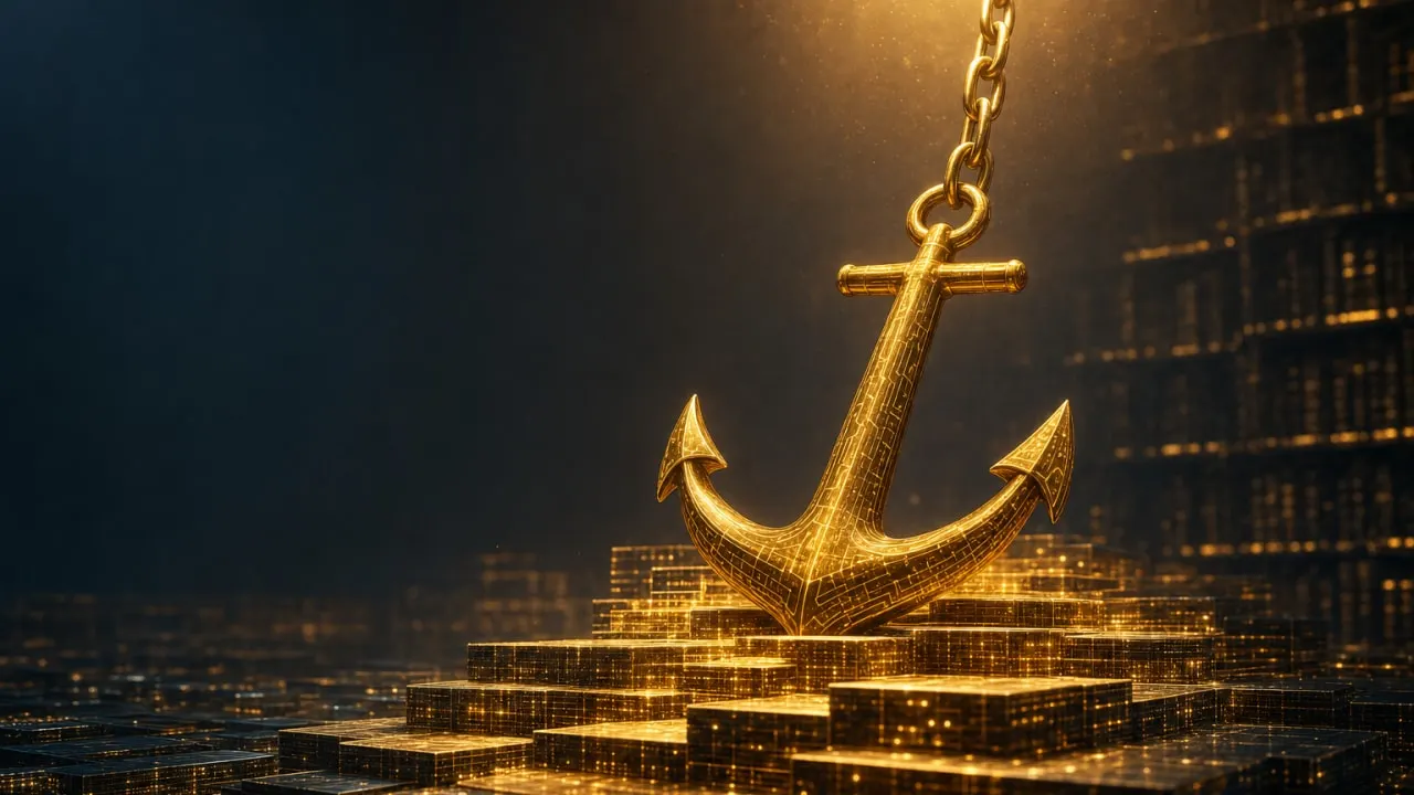 Goldener Anker auf leuchtenden Datenblöcken