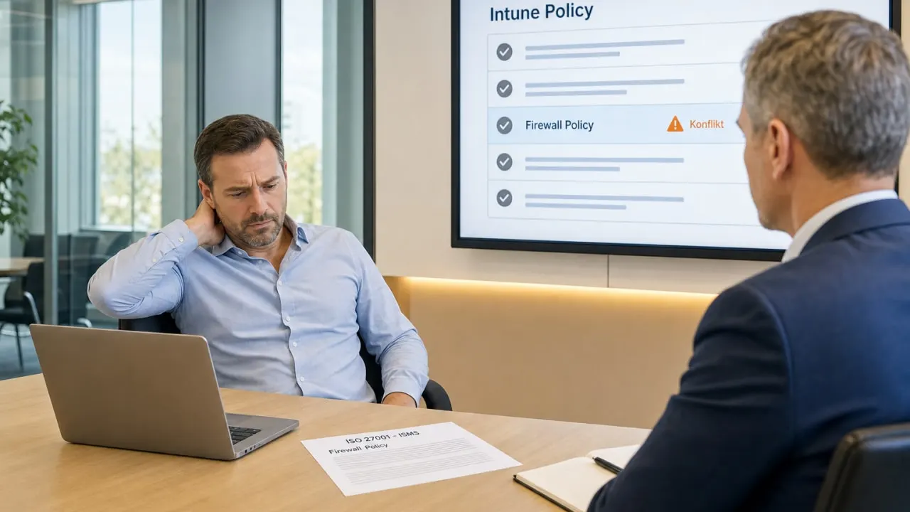 Besprechung zu Intune-Policies mit einem markierten Konflikt in der Firewall-Policy