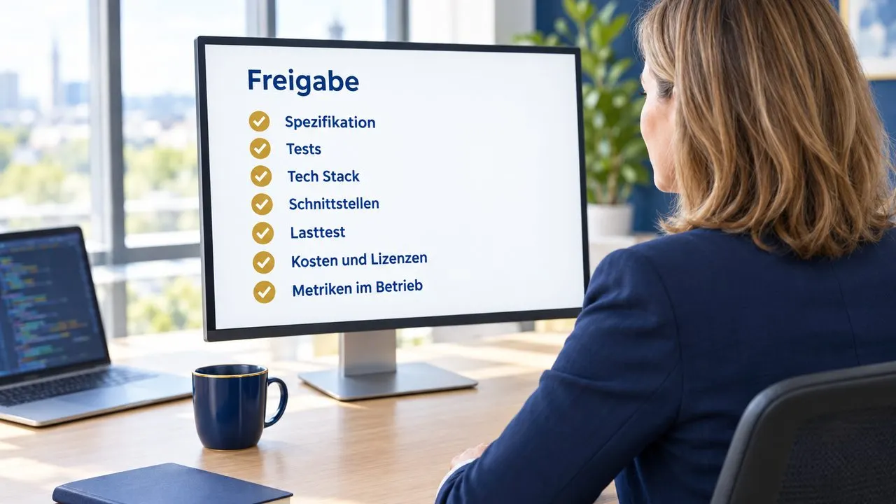 Eine Frau prüft am Bildschirm eine Freigabe-Liste mit goldenen Haken für Spezifikation, Tests, Tech Stack, Schnittstellen, Lasttest, Kosten und Lizenzen und Metriken im Betrieb. Daneben zeigt ein Laptop unbeachtet Code.