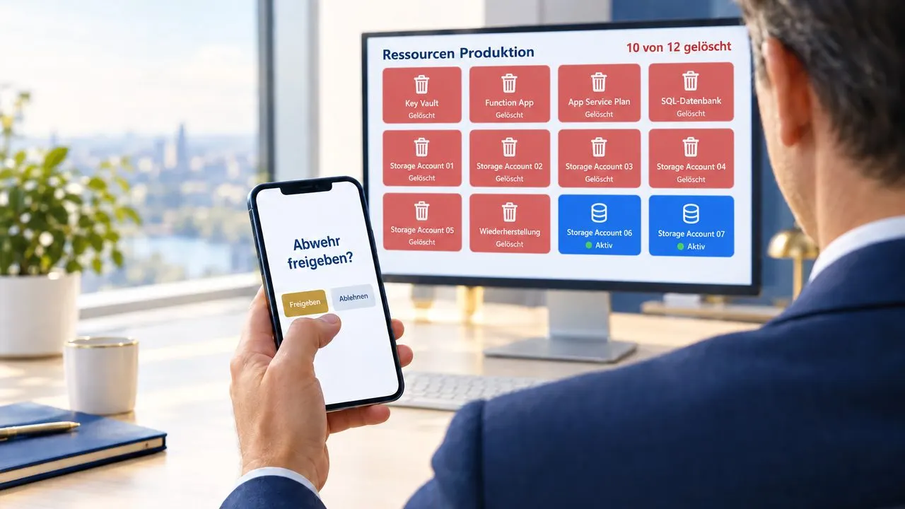 Führungskraft hält ein Handy mit der Frage «Abwehr freigeben?», dahinter zeigt ein Monitor zehn von zwölf Cloud-Ressourcen als gelöscht