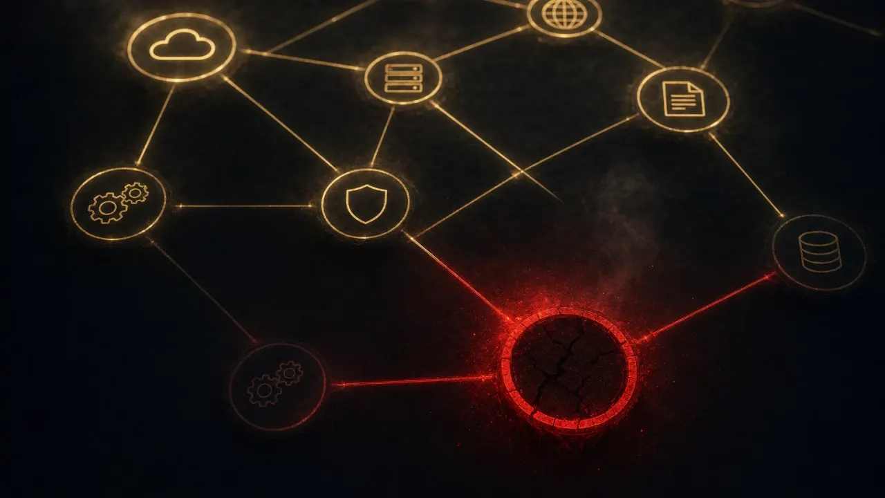 Netz aus Cloud-Diensten mit einem ausgefallenen, rot markierten Knoten