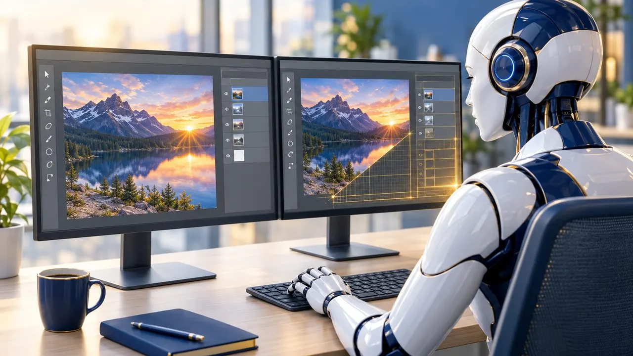 Humanoider Roboter am Schreibtisch baut auf dem rechten Monitor die Oberfläche eines Bildbearbeitungsprogramms nach, das links im Original läuft