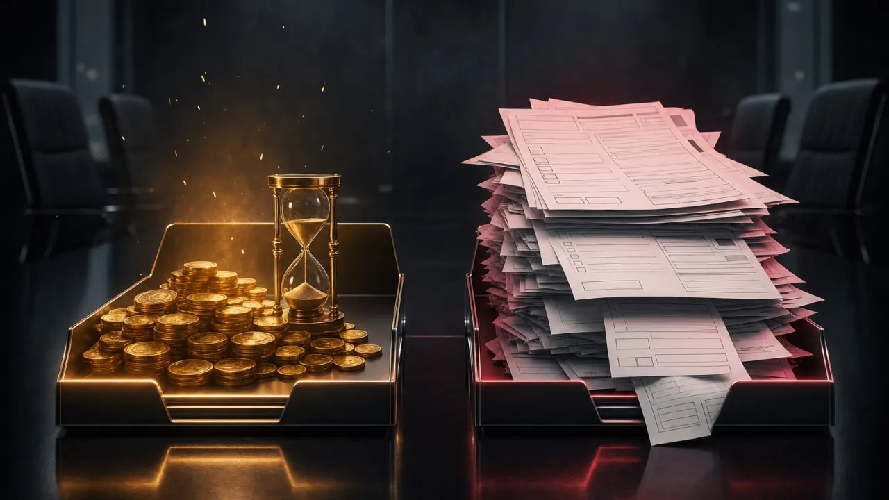Goldmünzen und Sanduhr gegenüber einem Stapel Papierformulare