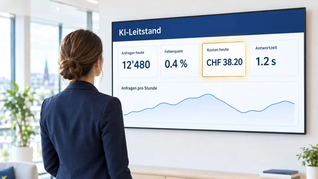 Führungskraft steht vor einem Bildschirm mit dem KI-Leitstand: Anfragen, Fehlerquote, Kosten und Antwortzeit des Tages