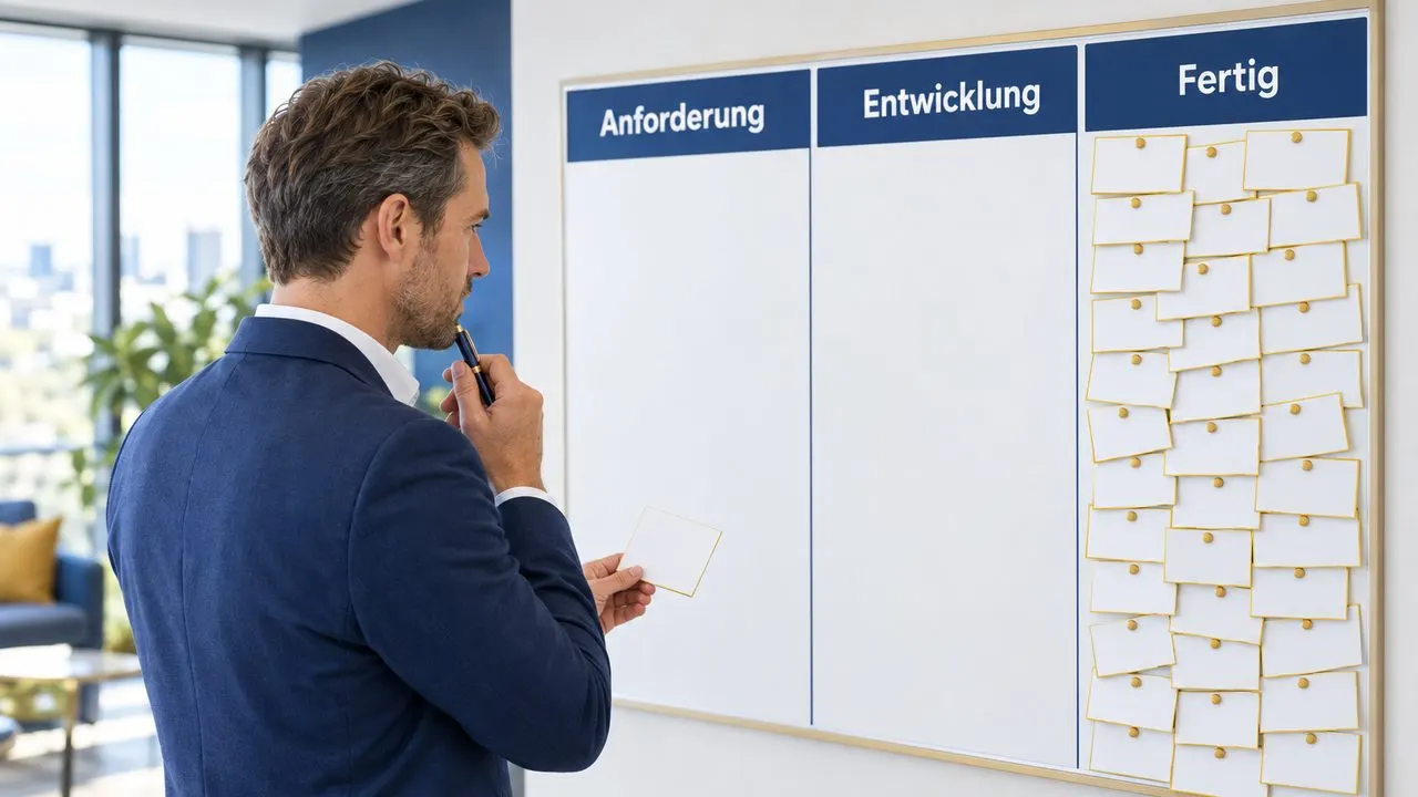 Ein Product Owner steht mit einer leeren Karte und einem Stift vor einem Kanban-Board. Die Spalten Anforderung und Entwicklung sind leer, die Spalte Fertig ist voll.