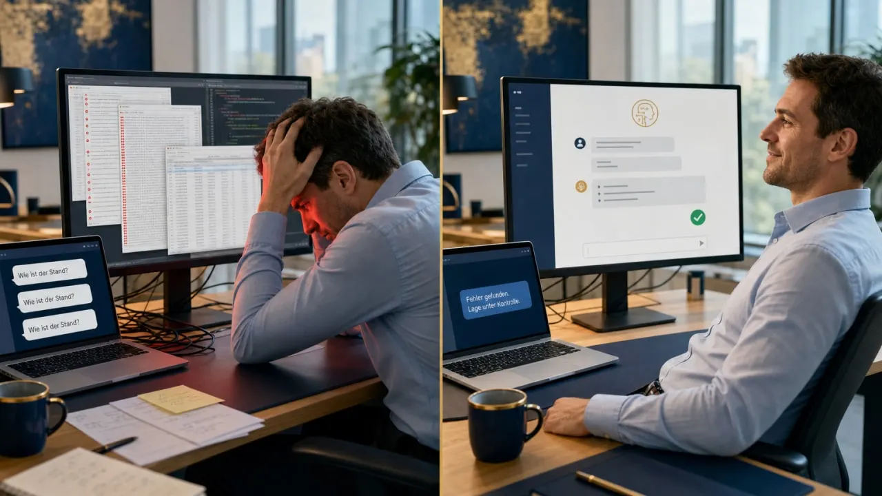 Gestresster Entwickler vor Logs neben einem entspannten Entwickler mit fertiger KI-Analyse