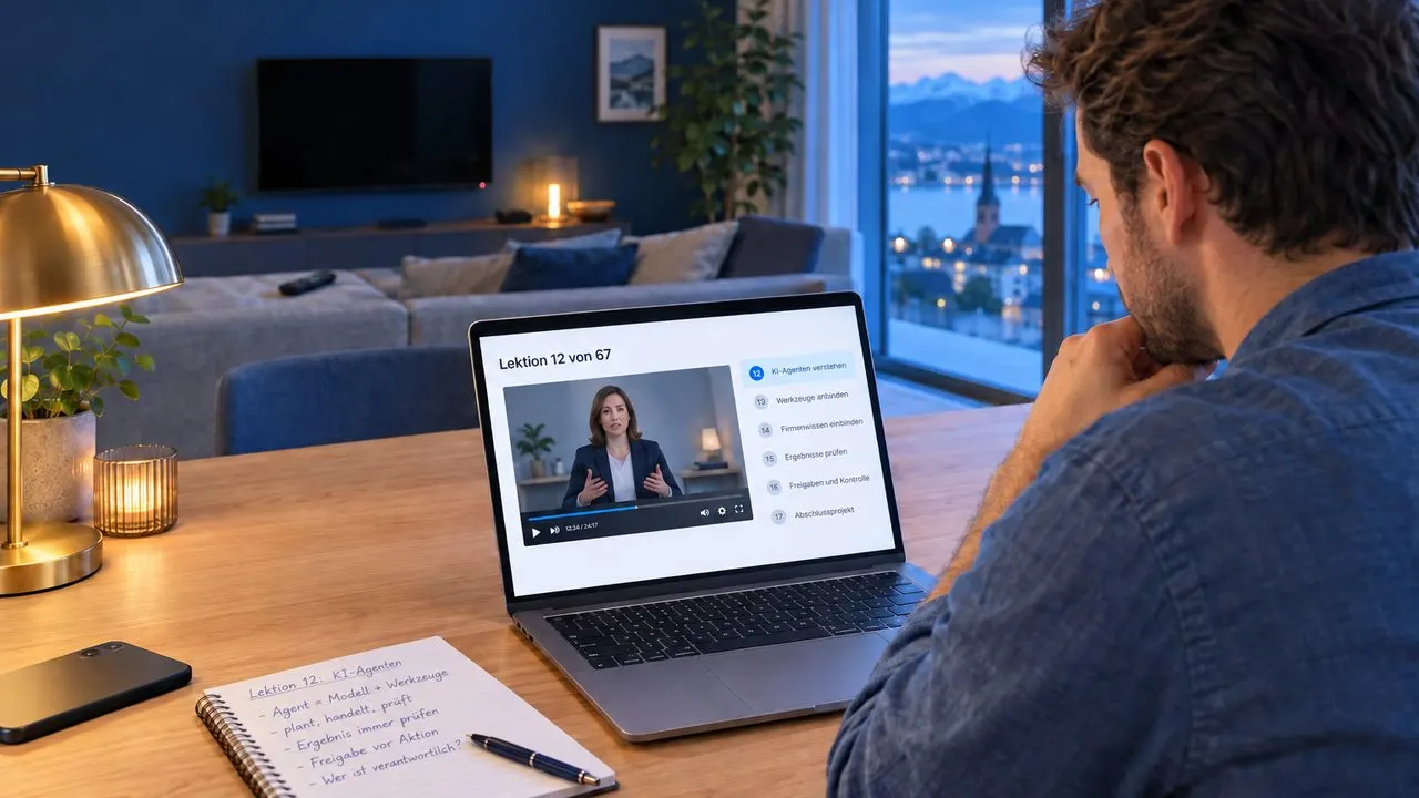 Person lernt abends am Laptop einen Onlinekurs über KI-Agenten, im Hintergrund ein ausgeschalteter Fernseher
