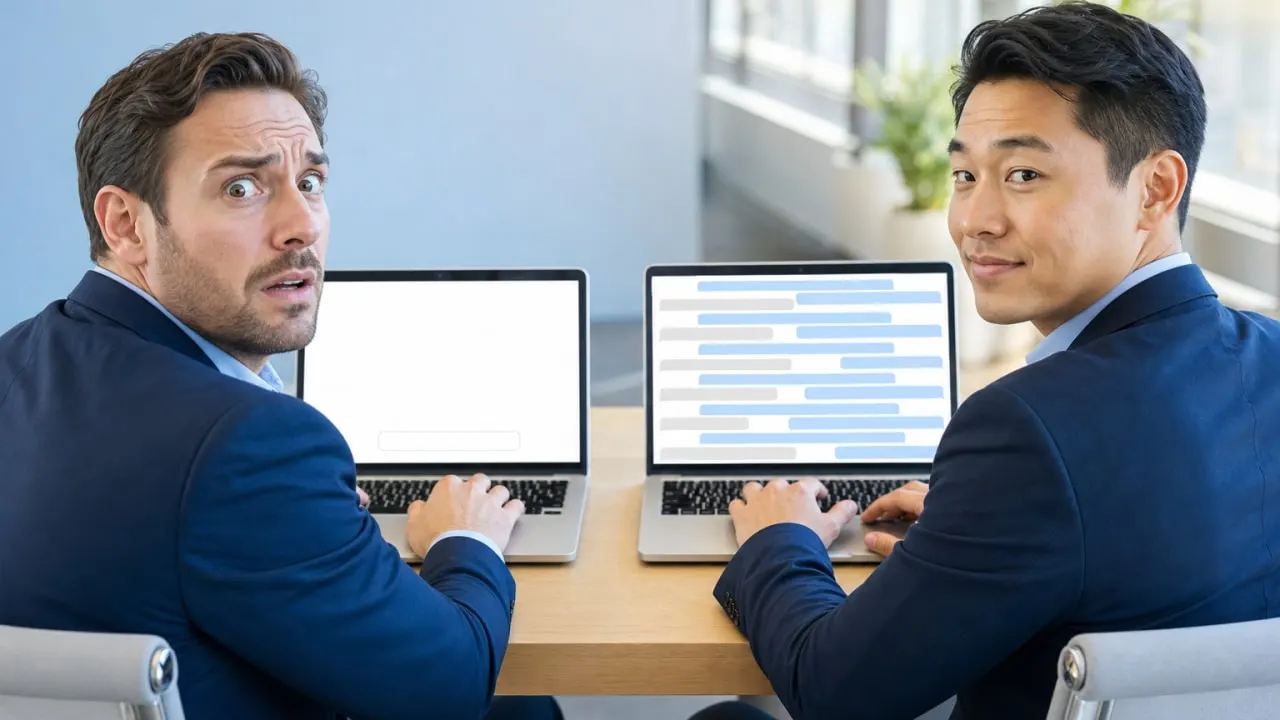 Zwei Kollegen an Laptops, einer irritiert über das abweichende Ergebnis des anderen