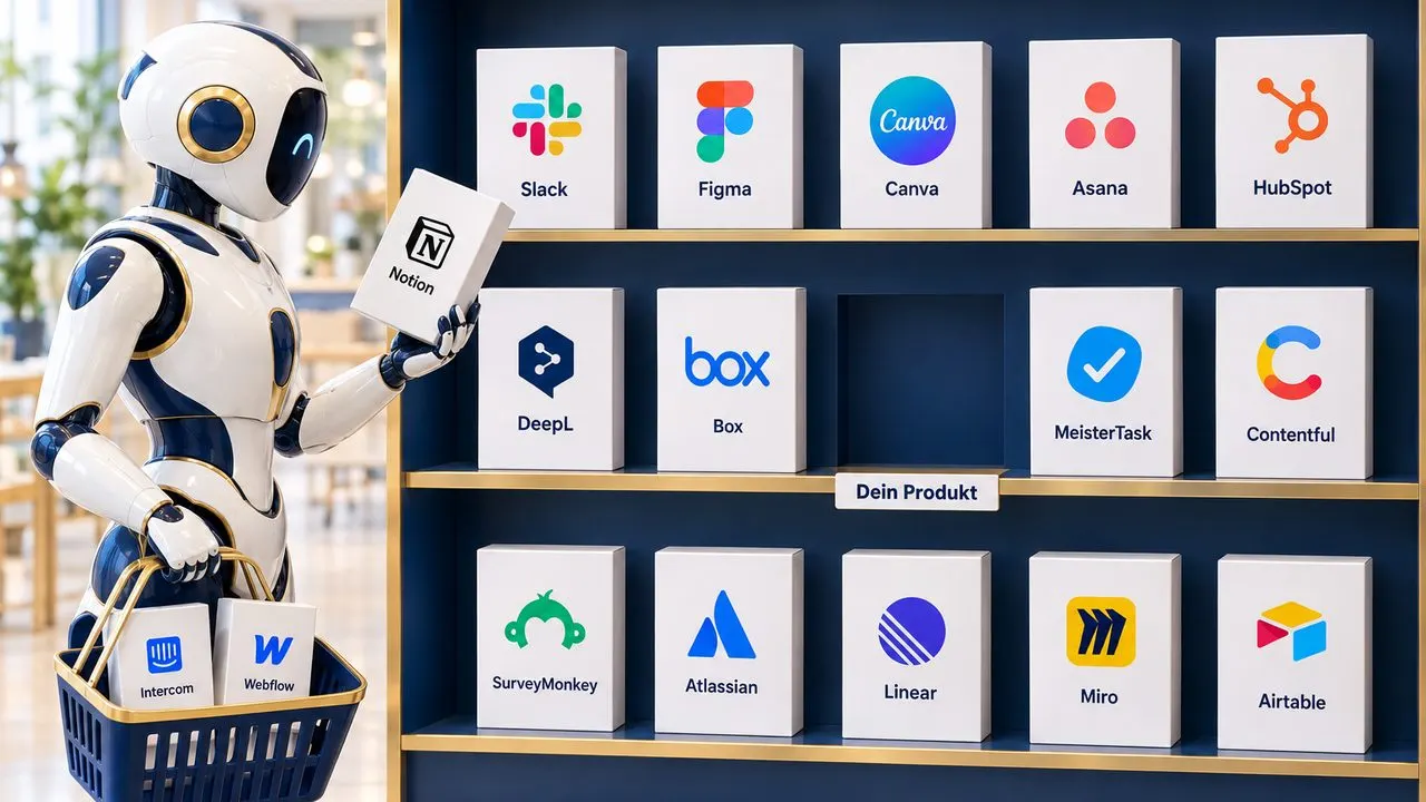 Ein weiss-blauer Roboter mit Einkaufskorb steht vor einem Regal mit Produktschachteln bekannter Software wie Slack, Figma, DeepL und Miro. In der mittleren Reihe ist ein Platz leer, darunter hängt das Schild «Dein Produkt».