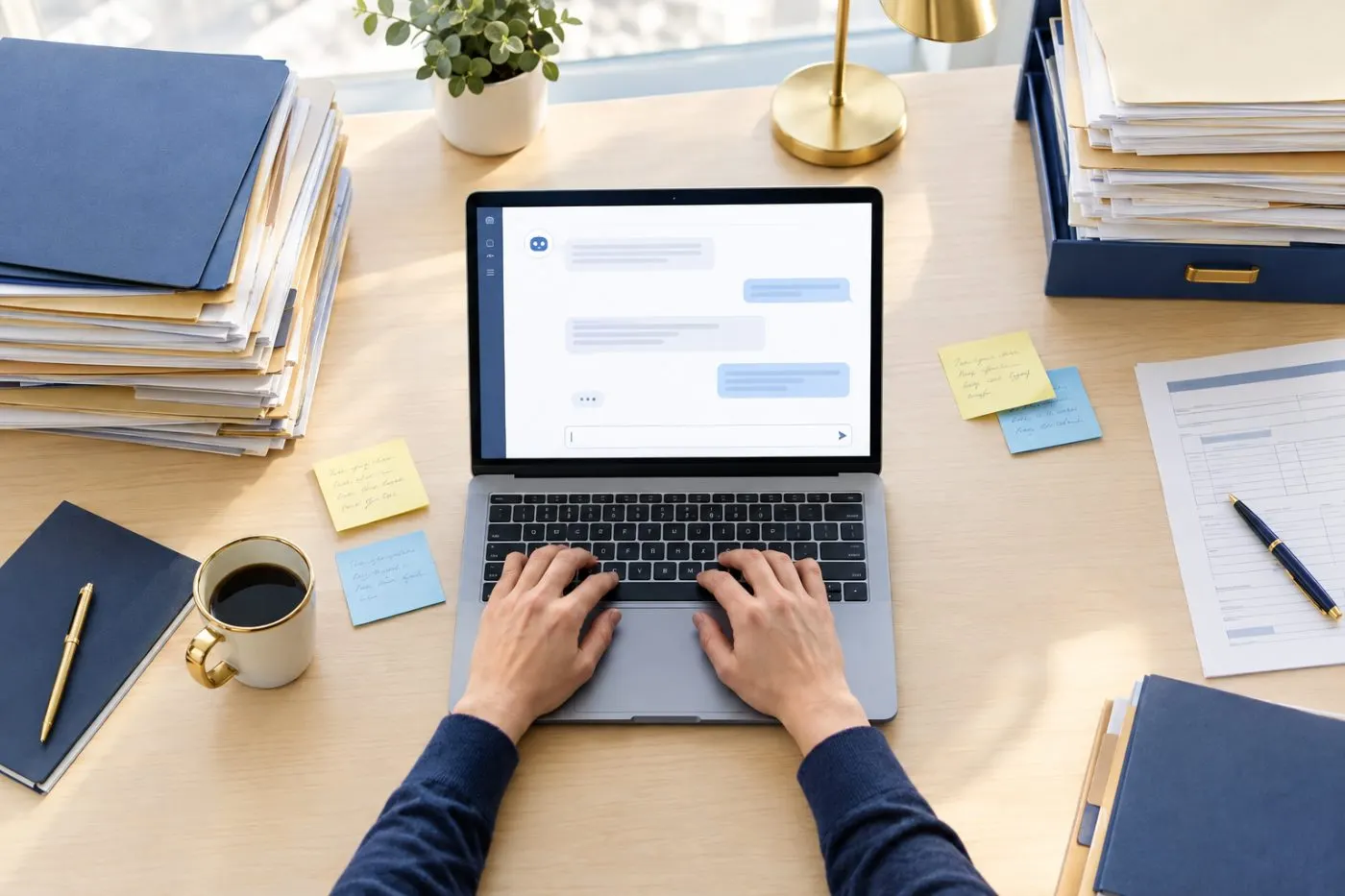 Laptop mit Chat-Fenster zwischen Aktenstapeln
