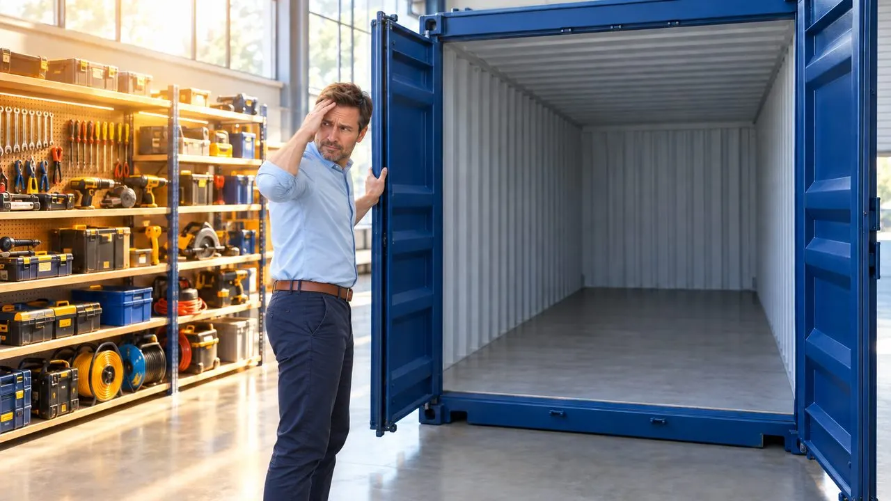 Ein gestresster Mann hält die Tür eines leeren blauen Containers und blickt zurück auf ein volles Werkzeugregal