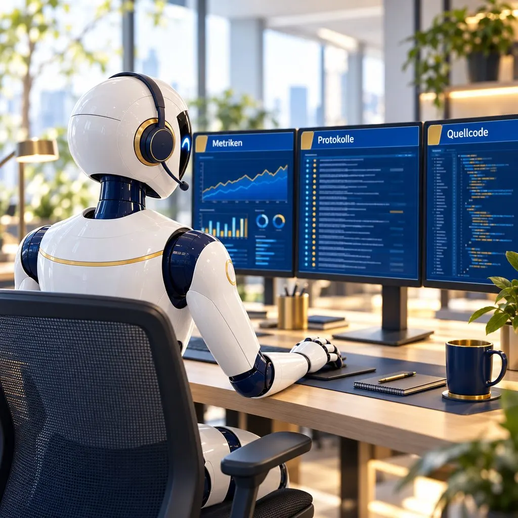 Roboter analysiert Metriken, Protokolle und Quellcode