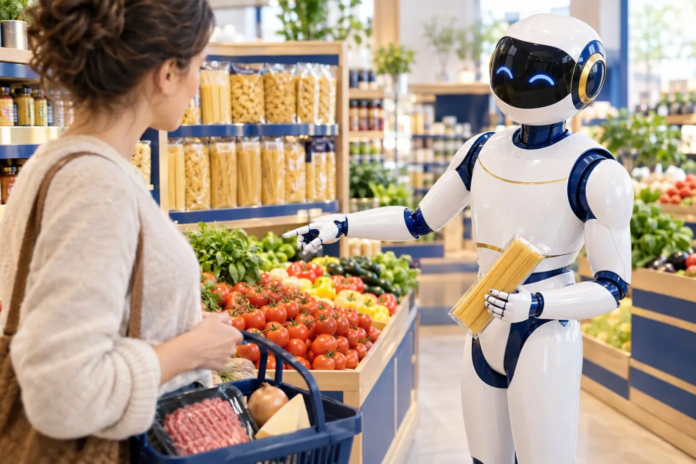 Roboter berät eine Kundin im Lebensmittelladen