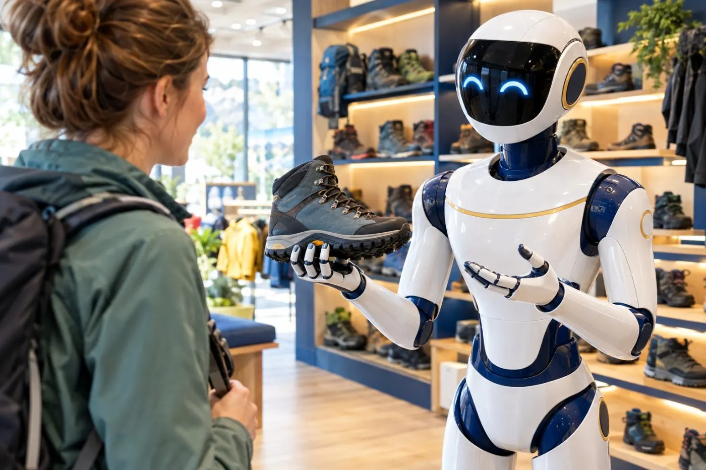 Roboter berät eine Kundin zu Wanderschuhen