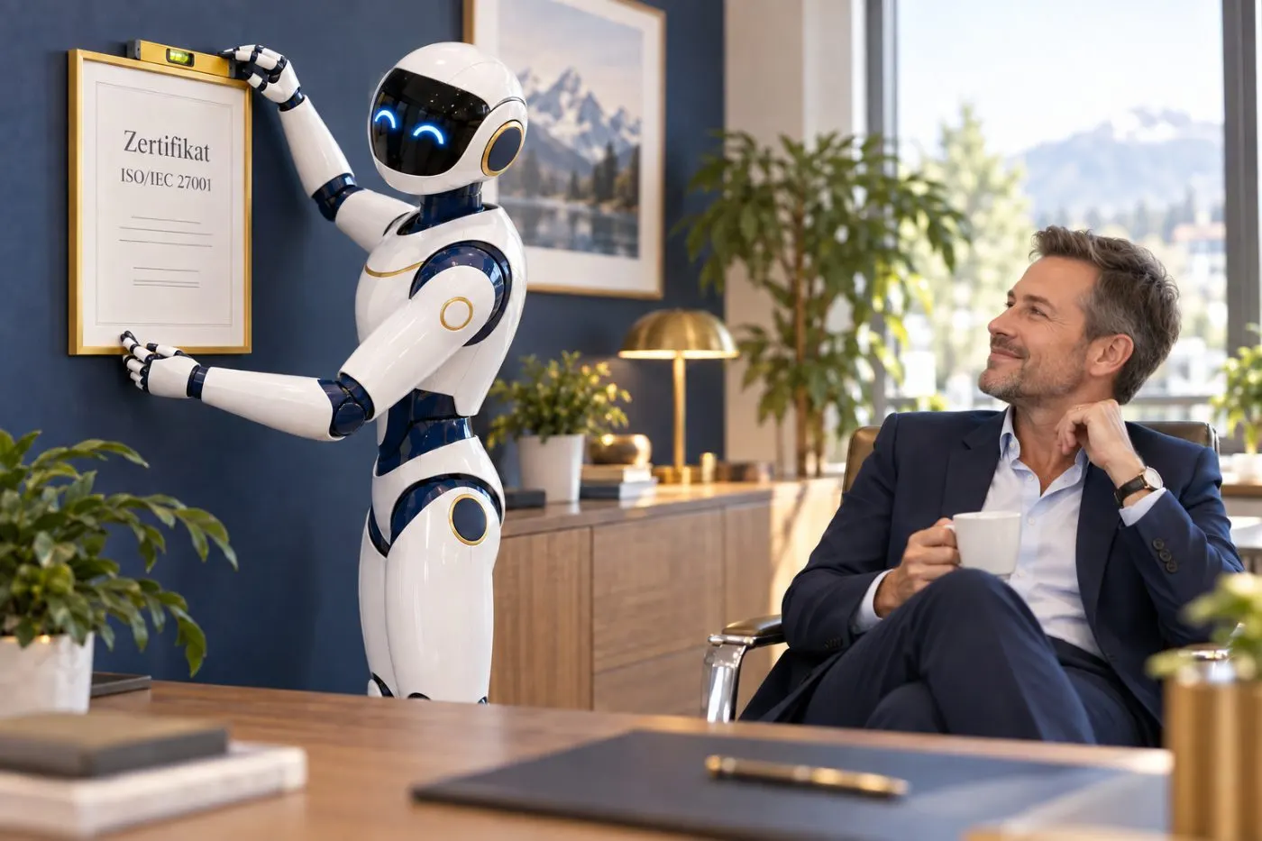 Roboter hängt ein ISO-27001-Zertifikat auf, der Geschäftsführer schaut entspannt zu