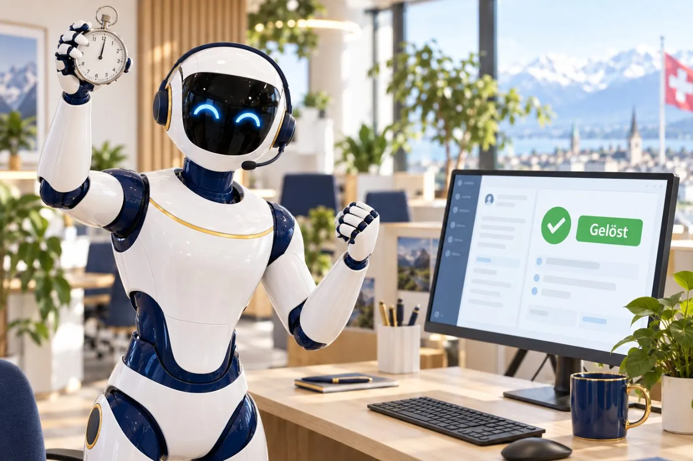 Roboter mit Stoppuhr neben einem gelösten Ticket