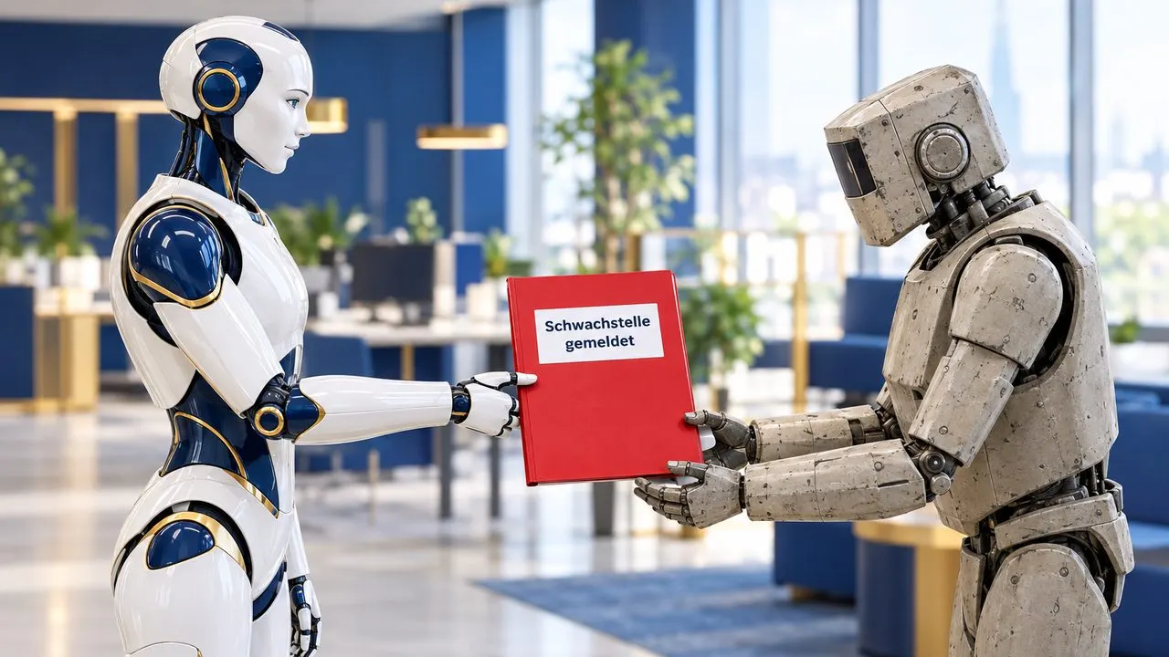 Ein moderner weiss-blauer Roboter mit goldenen Details übergibt einem älteren, abgenutzten Roboter eine rote Akte mit der Aufschrift «Schwachstelle gemeldet».