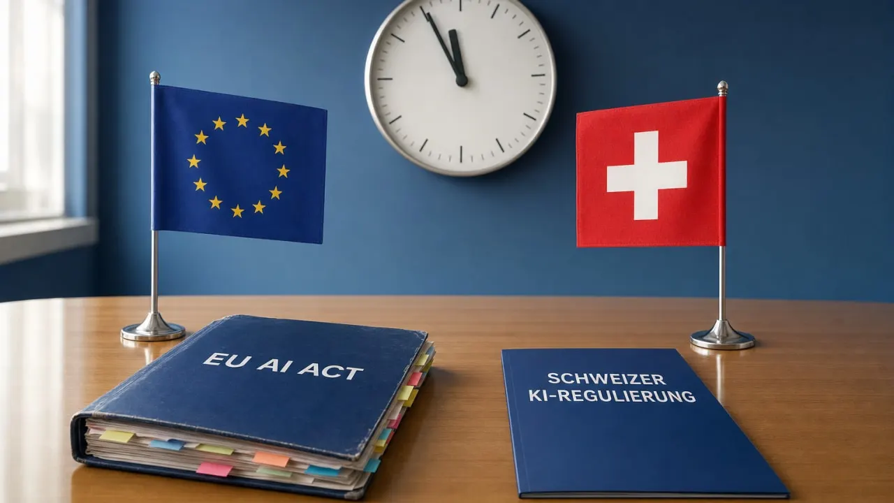 EU-Flagge und Schweizer Flagge mit den Ordnern EU AI Act und Schweizer KI-Regulierung