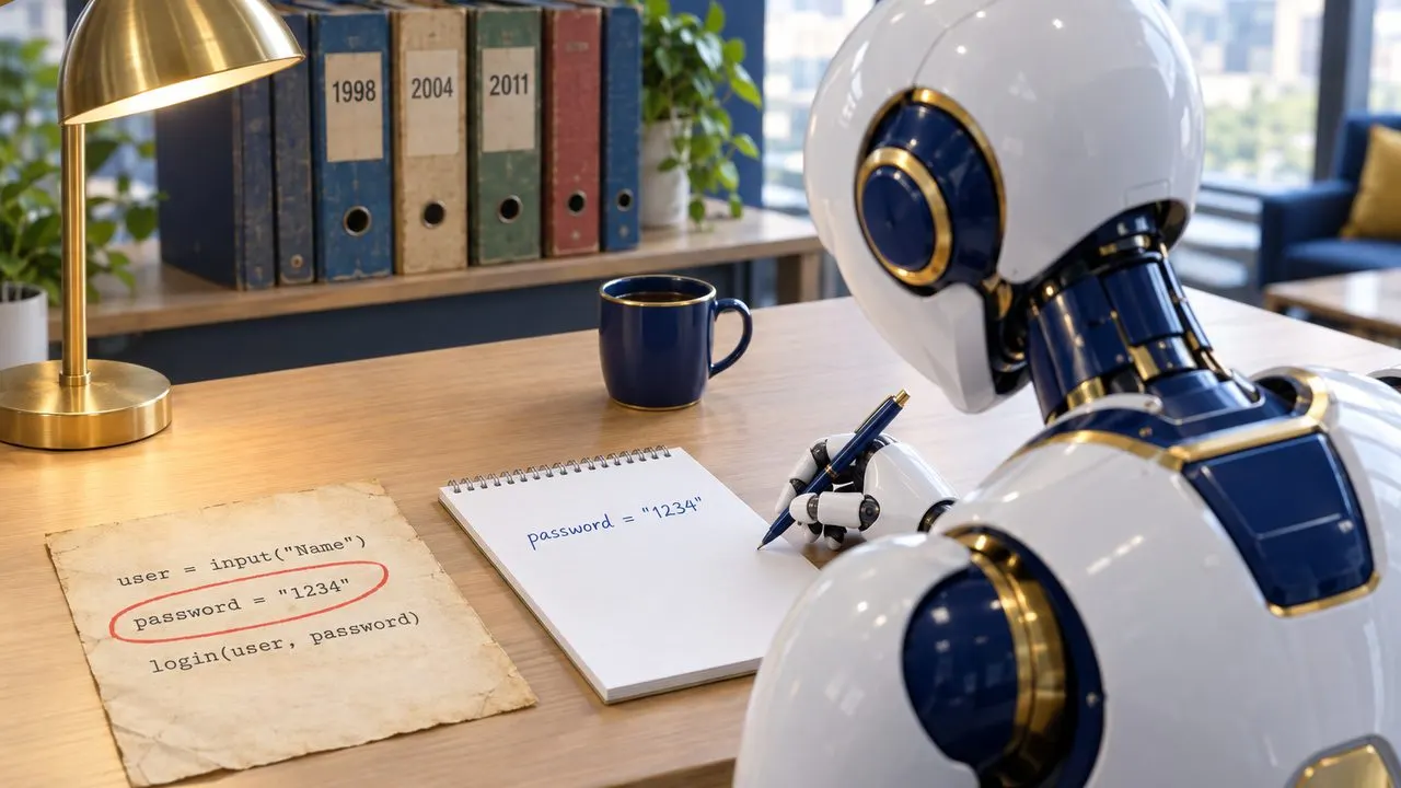 Ein weiss-blauer Roboter schreibt von einem vergilbten Code-Ausdruck die rot eingekreiste Zeile password = "1234" auf seinen Notizblock ab. Dahinter stehen alte Ordner mit den Jahreszahlen 1998, 2004 und 2011.