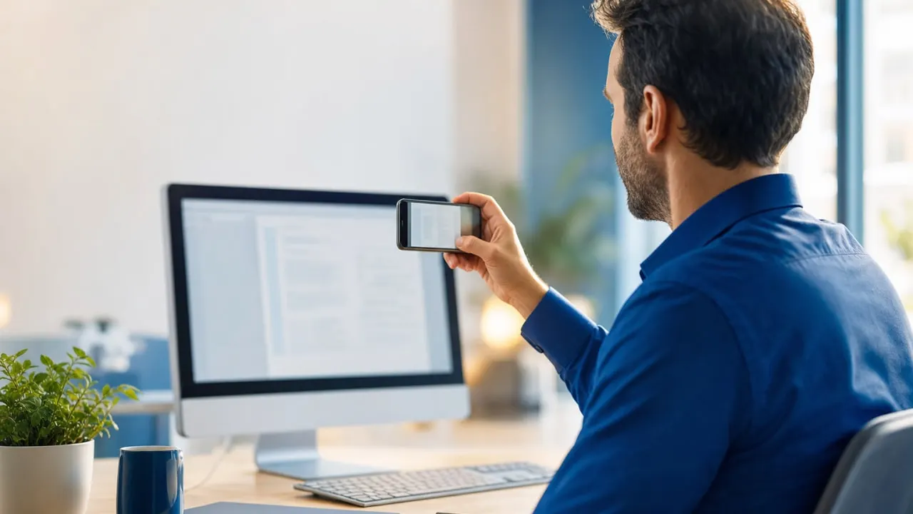 Mitarbeiter fotografiert den Firmenbildschirm mit dem privaten Smartphone