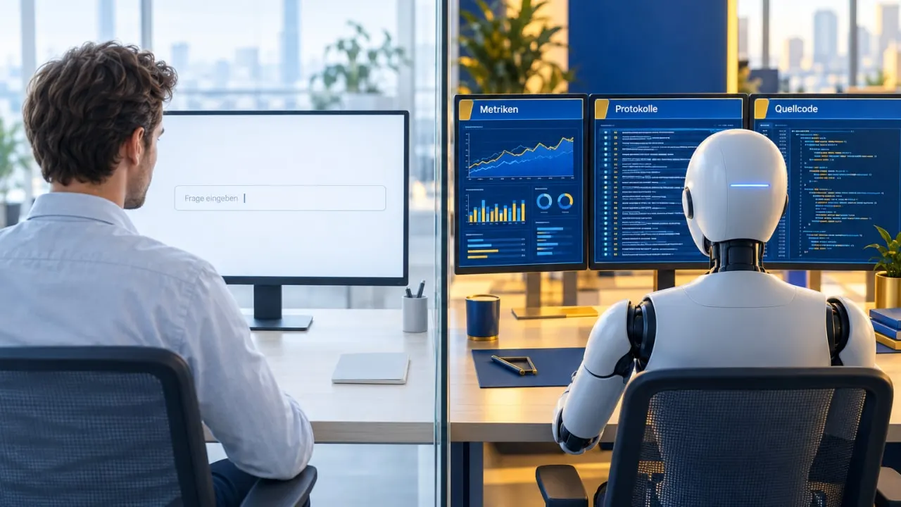 Mitarbeiter am Bildschirm neben einem KI-Agenten, der Metriken, Protokolle und Quellcode liest