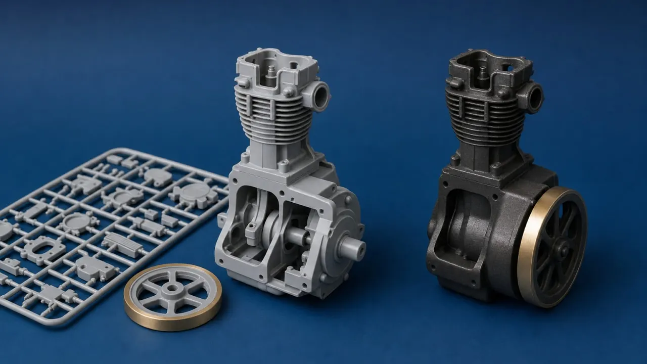 Einzelteile eines Bausatzes neben einem fertig montierten Motorblock