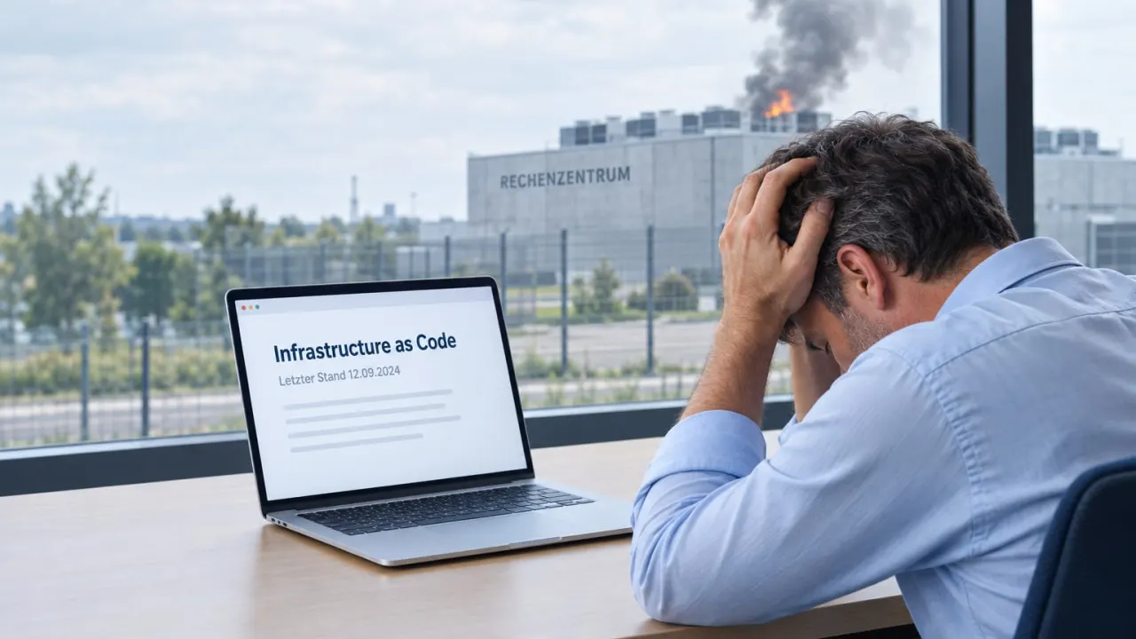 Verzweifelter Mann am Laptop mit Infrastructure as Code, im Hintergrund ein brennendes Rechenzentrum